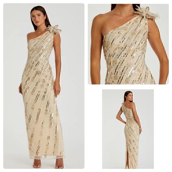 NWT Macduggal EMBELLISHED FLORAL DETAIL ONE SHOULDER GOWN SZ 6 “Nude Gold”